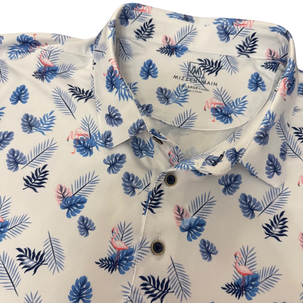 Mizzen+Main Polo Shirt Mens XXL White Flamingo Palm Leaf Print Stretch 1KS-0662